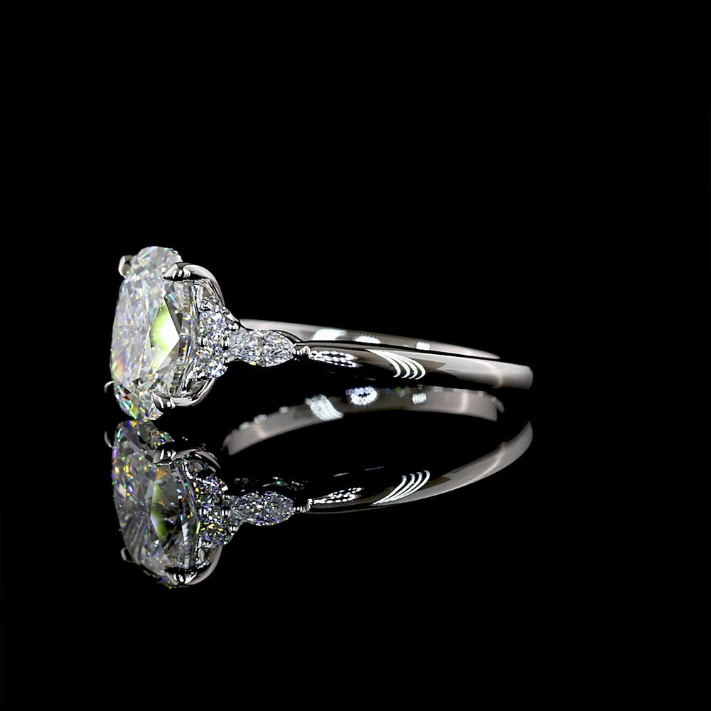 Platinum Cushion Brilliant Cut Lab Diamond Ring with Marquise and Round Side Stones - 2.83 Carat Total Diamond Weight, F VS1 - Covaloro Fine Jewelry