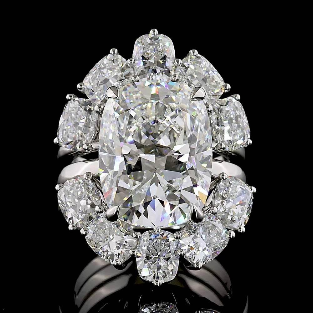 Platinum Cushion Cut Halo Diamond Ring with 8.05 Carat Center and 12.66 Total Carat Weight - IGI Certified E-F VVS2 Lab Grown Diamonds - Covaloro Fine Jewelry