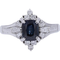 Platinum Cushion Cut Sapphire Ring with Baguette and Round Diamond Accents - 1.30 Carat Sapphire and 0.70 Carat Total Diamond Weight
