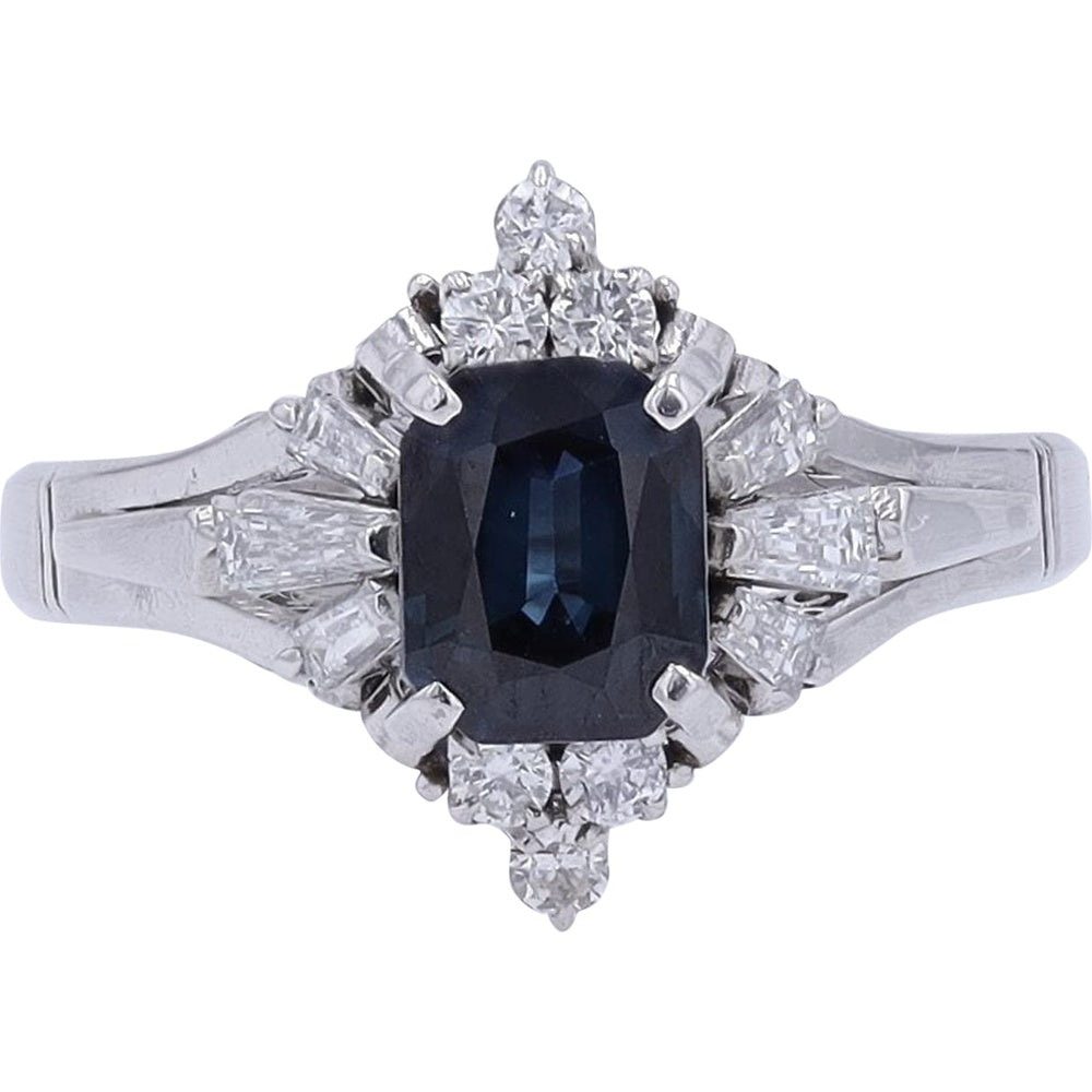 Platinum Cushion Cut Sapphire Ring with Baguette and Round Diamond Accents - 1.30 Carat Sapphire and 0.70 Carat Total Diamond Weight