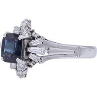 Platinum Cushion Cut Sapphire Ring with Baguette and Round Diamond Accents - 1.30 Carat Sapphire and 0.70 Carat Total Diamond Weight