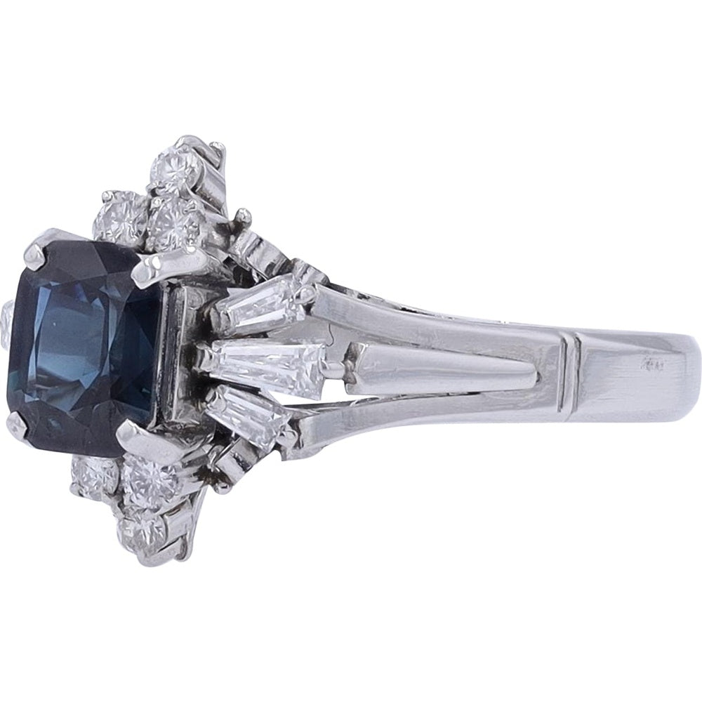 Platinum Cushion Cut Sapphire Ring with Baguette and Round Diamond Accents - 1.30 Carat Sapphire and 0.70 Carat Total Diamond Weight