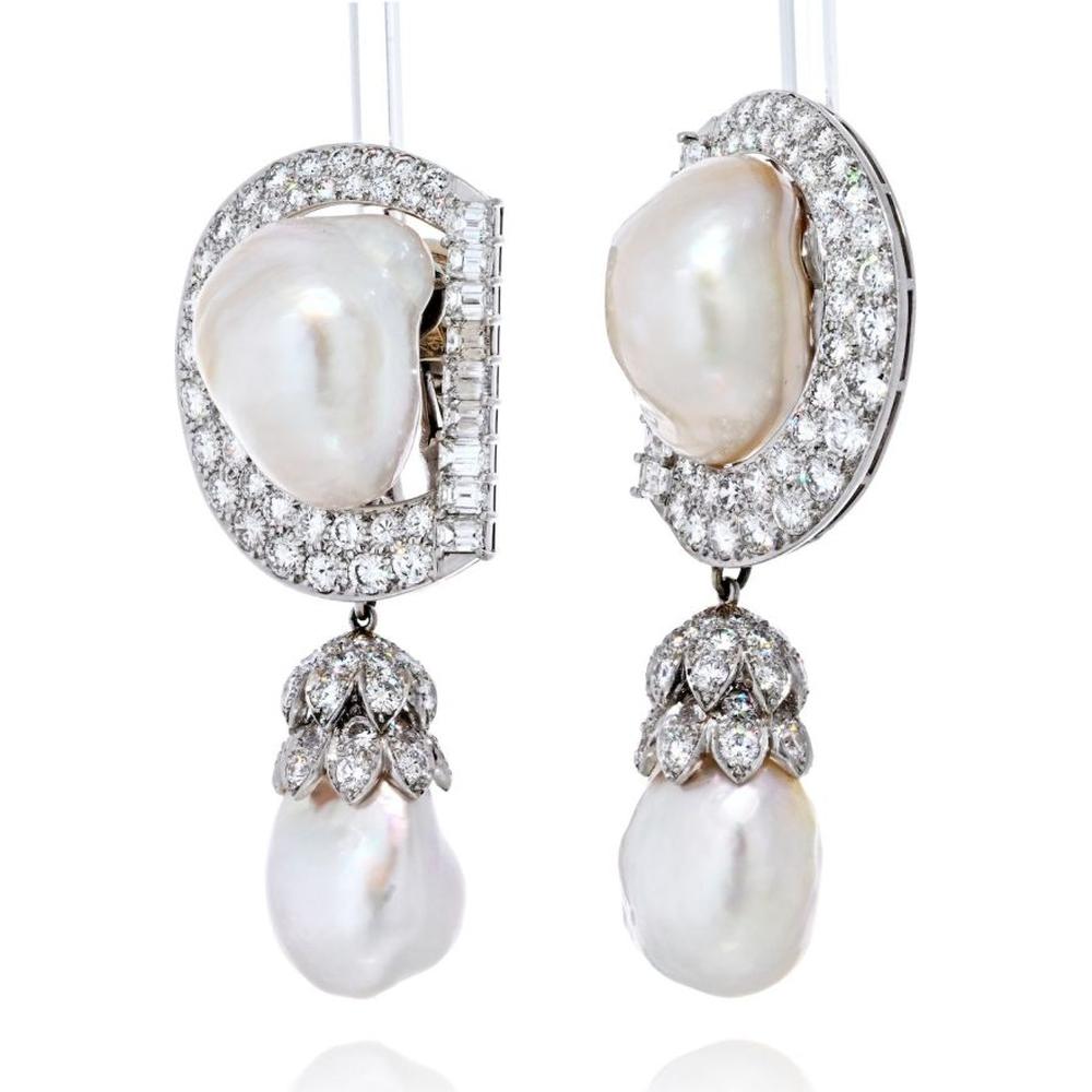 Platinum David Webb Drop Earrings with 9.92 Carats Diamonds and Baroque Pearls