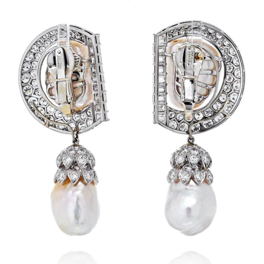 Platinum David Webb Drop Earrings with 9.92 Carats Diamonds and Baroque Pearls