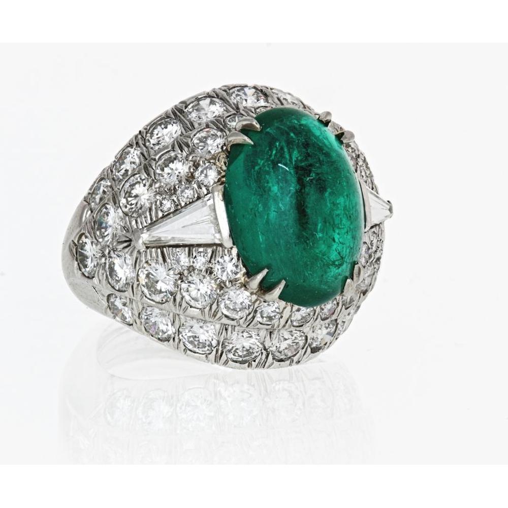 Platinum David Webb Estate Bombé Ring with 6.65 Carats Oval Cabochon Emerald and 3.00 Carats Diamond Halo