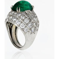 Platinum David Webb Estate Bombé Ring with 6.65 Carats Oval Cabochon Emerald and 3.00 Carats Diamond Halo