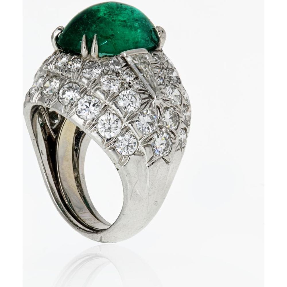 Platinum David Webb Estate Bombé Ring with 6.65 Carats Oval Cabochon Emerald and 3.00 Carats Diamond Halo