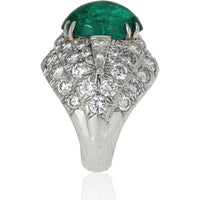 Platinum David Webb Estate Bombé Ring with 6.65 Carats Oval Cabochon Emerald and 3.00 Carats Diamond Halo