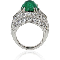 Platinum David Webb Estate Bombé Ring with 6.65 Carats Oval Cabochon Emerald and 3.00 Carats Diamond Halo