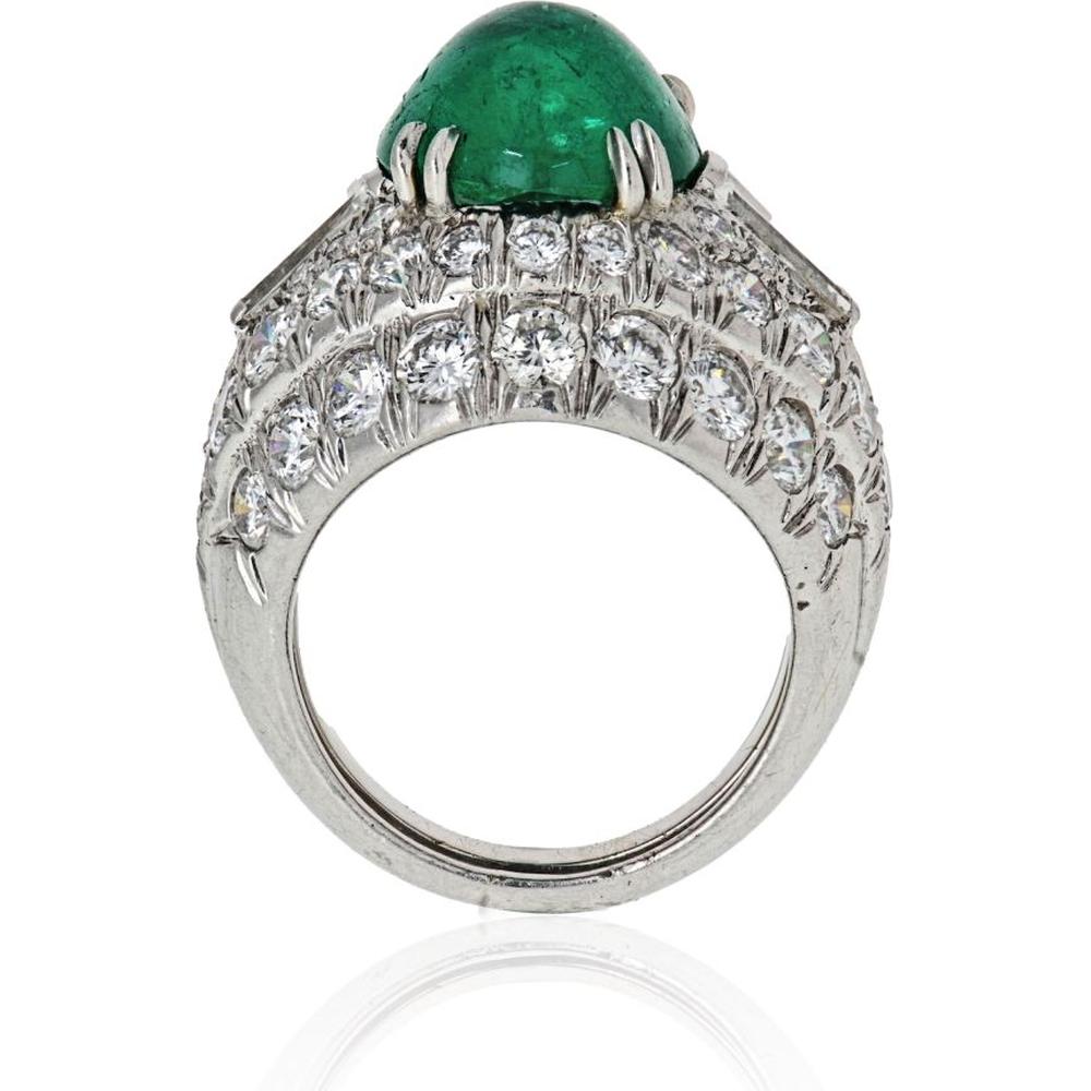Platinum David Webb Estate Bombé Ring with 6.65 Carats Oval Cabochon Emerald and 3.00 Carats Diamond Halo