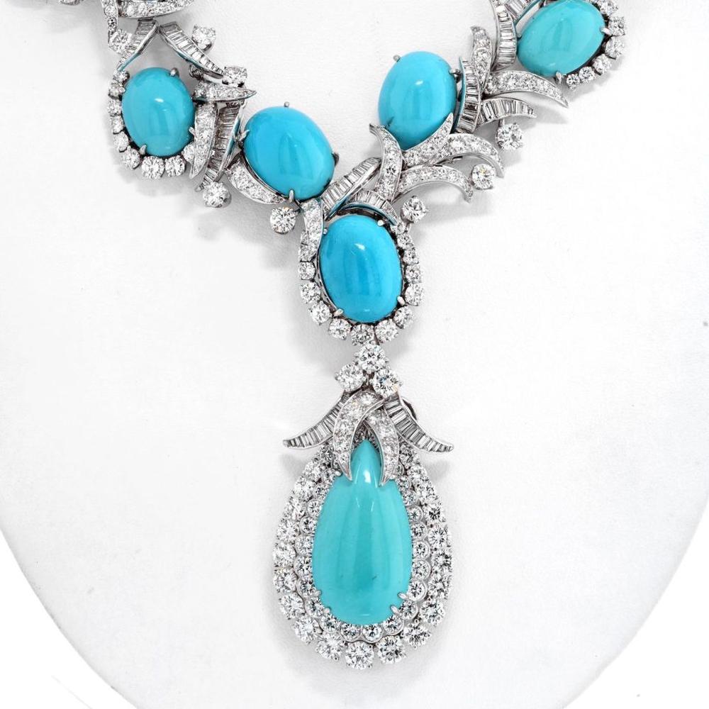 Platinum David Webb Necklace with Graduated Cabochon Turquoise and Diamond Cluster - 46.1 Carats Total Diamond Weight