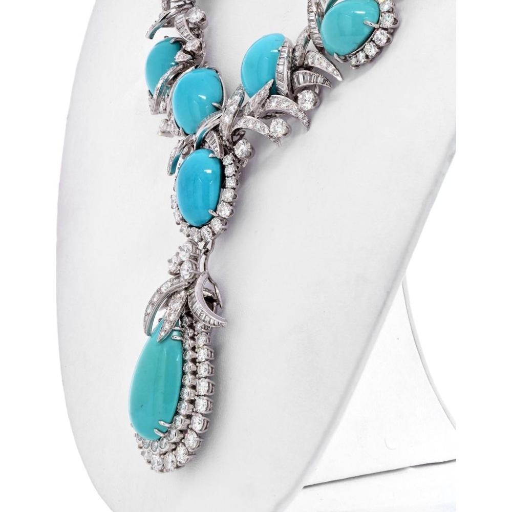 Platinum David Webb Necklace with Graduated Cabochon Turquoise and Diamond Cluster - 46.1 Carats Total Diamond Weight