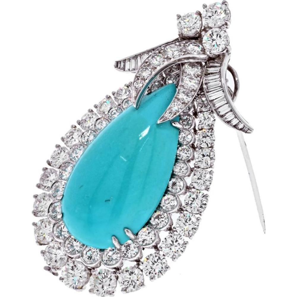 Platinum David Webb Necklace with Graduated Cabochon Turquoise and Diamond Cluster - 46.1 Carats Total Diamond Weight