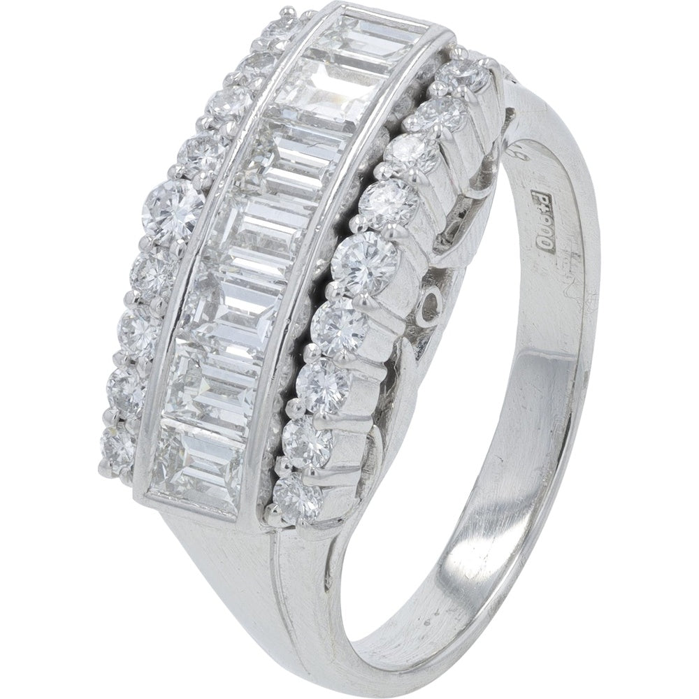 Platinum Diamond Band with Channel-Set Baguette and Prong-Set Round Diamonds - 1.63 Carat Total Diamond Weight
