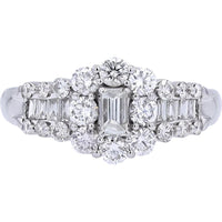 Platinum Diamond Cluster Ring with Emerald-Cut Center Diamond - 1.00 Carats Total Diamond Weight