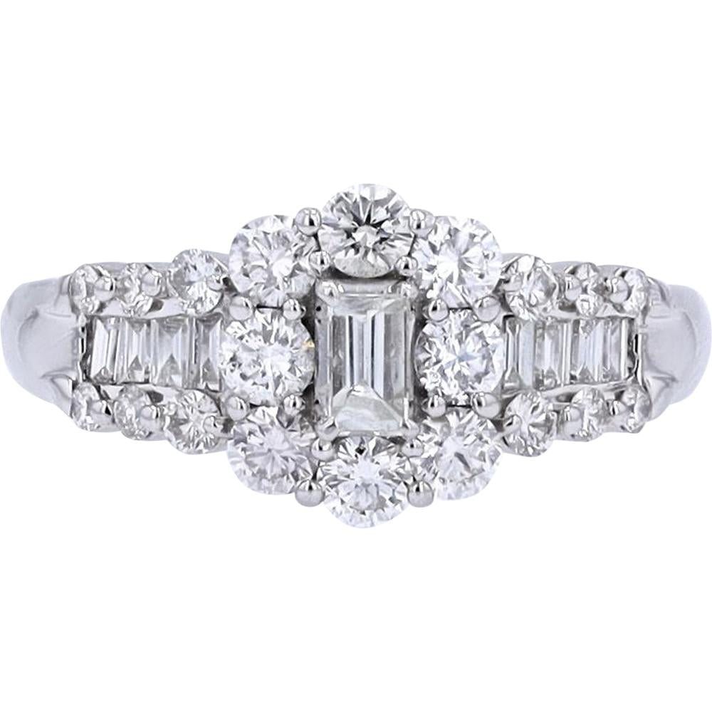 Platinum Diamond Cluster Ring with Emerald-Cut Center Diamond - 1.00 Carats Total Diamond Weight