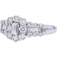 Platinum Diamond Cluster Ring with Emerald-Cut Center Diamond - 1.00 Carats Total Diamond Weight