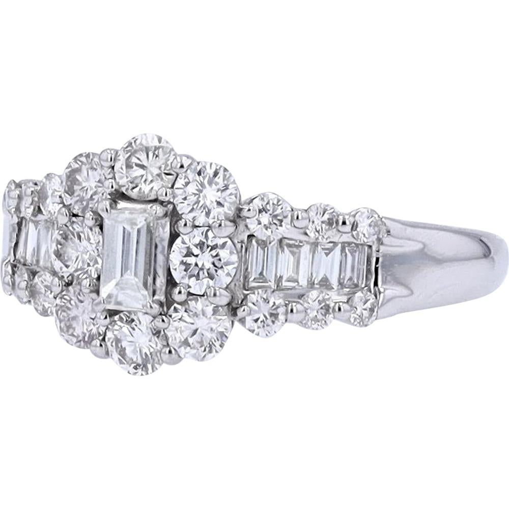 Platinum Diamond Cluster Ring with Emerald-Cut Center Diamond - 1.00 Carats Total Diamond Weight