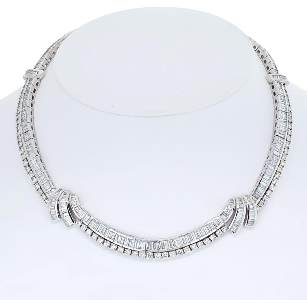 Platinum Diamond Collar Necklace with 16 Inches of Baguette and Round Cut Diamonds - 23 Carats Total Diamond Weight