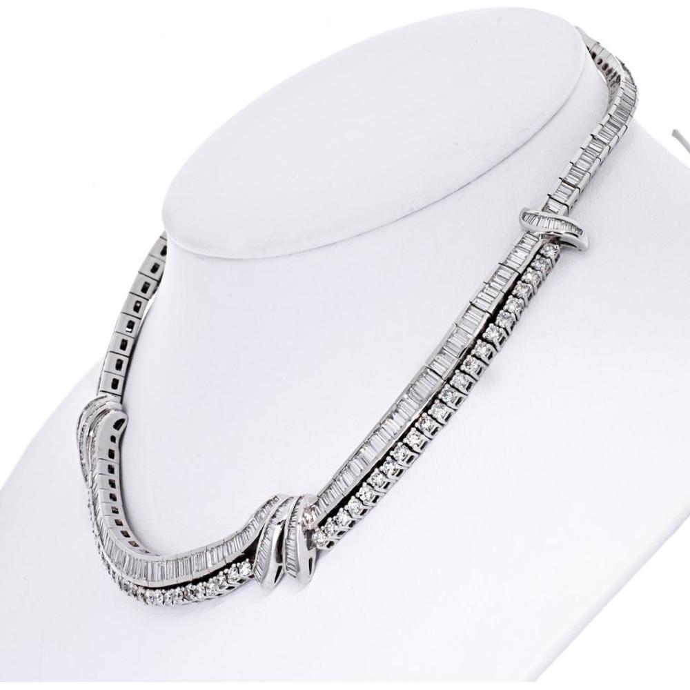 Platinum Diamond Collar Necklace with 16 Inches of Baguette and Round Cut Diamonds - 23 Carats Total Diamond Weight