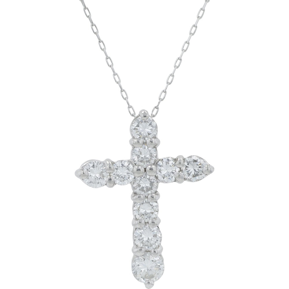 Platinum Diamond Cross Pendant with Prong-Set Round Diamonds - 1.00 Carat Total Diamond Weight on an 18-Inch Cable Chain