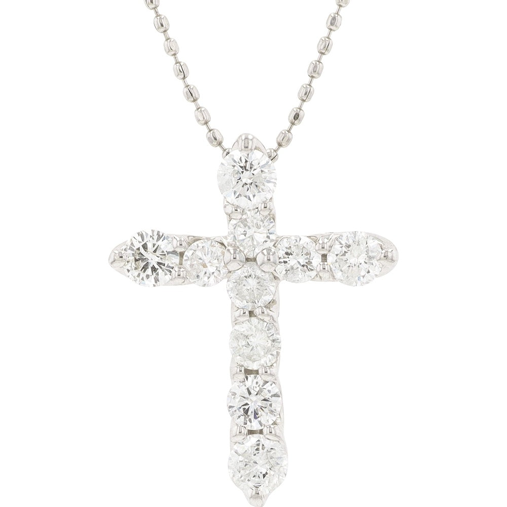 Platinum Diamond Cross Pendant with Round Brilliant Cut Stones - 1.00 Carat Total Diamond Weight on 16-Inch Ball Bead Chain