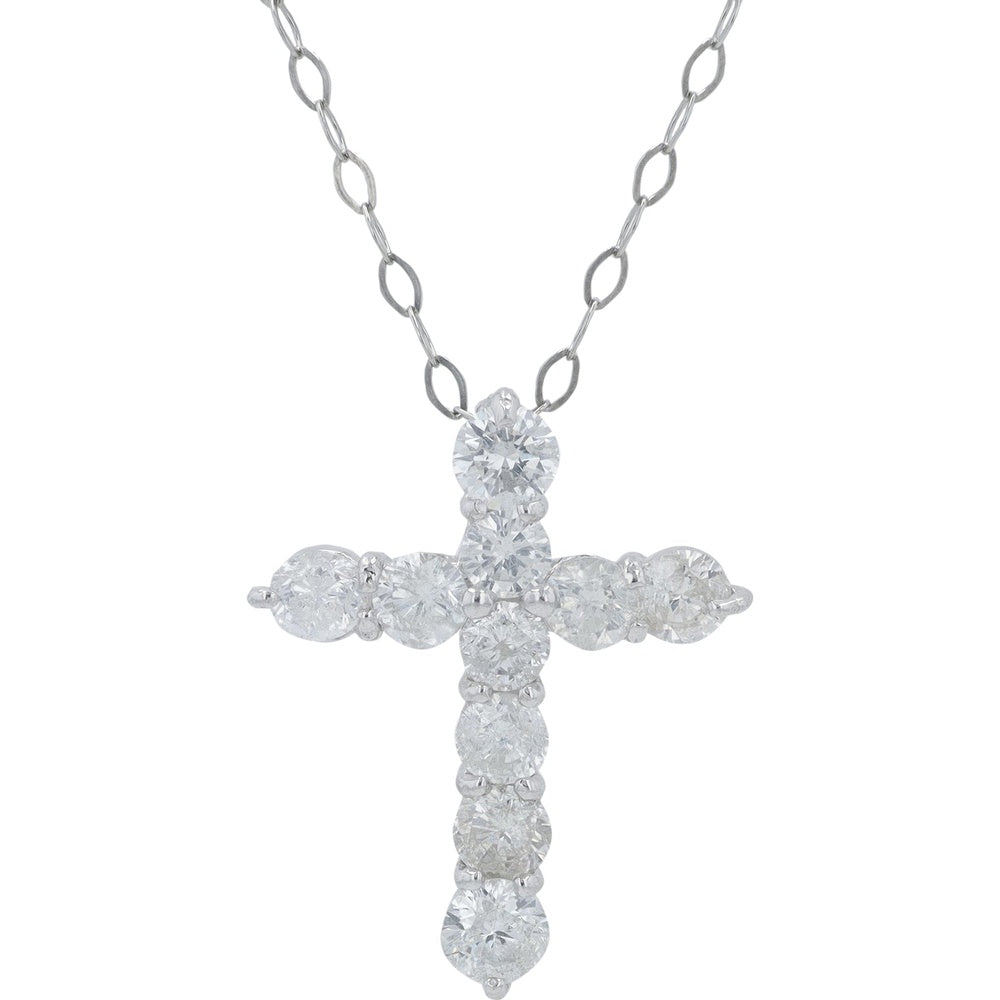 Platinum Diamond Cross Pendant with Round Brilliant Stones - 1.00 Carat Total Diamond Weight on 18 Inch Chain