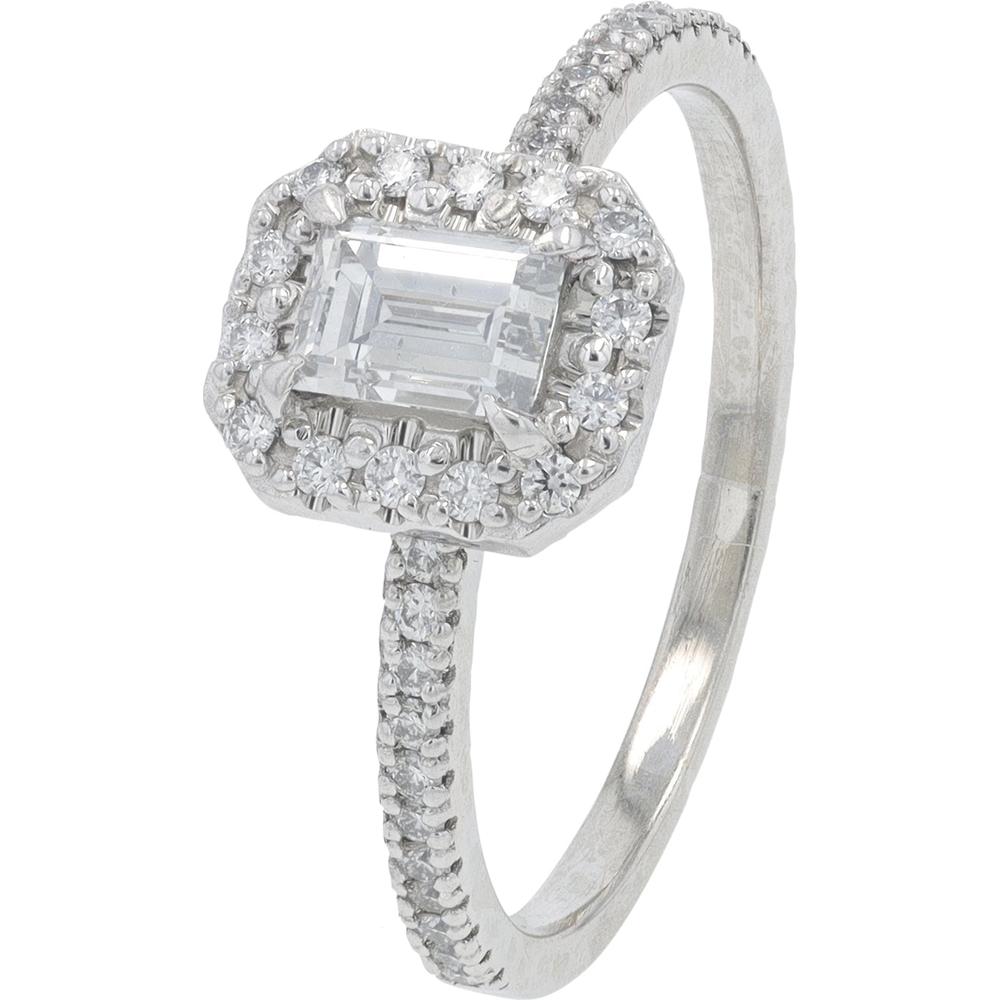 Platinum Diamond Emerald Cut Halo Engagement Ring - 0.95 Carat Total Diamond Weight