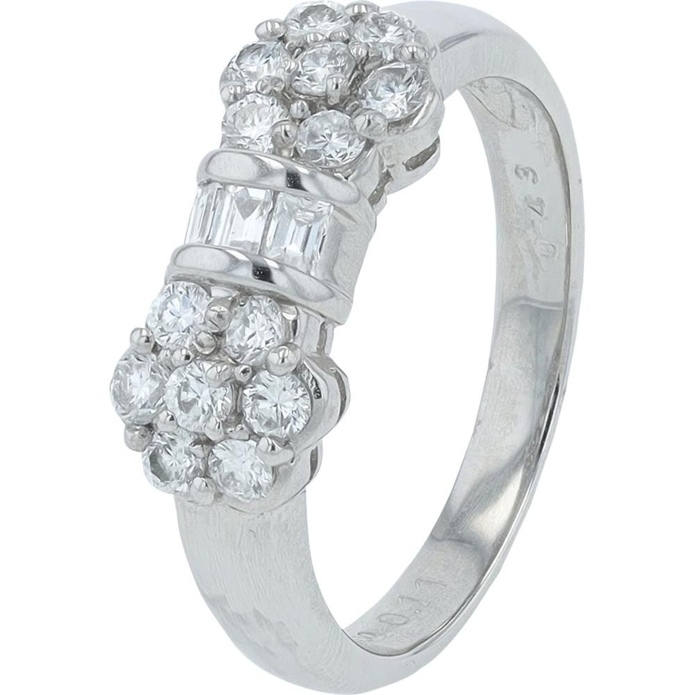 Platinum Diamond Floral Cluster Ring with Baguette and Round Diamonds - 0.54 Carat Total Weight