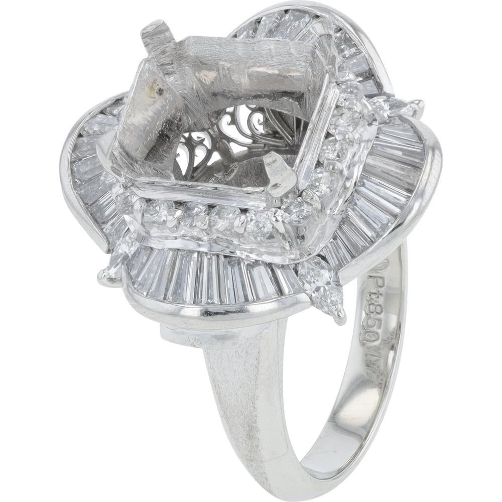 Platinum Diamond Semi-Mount Ring with Baguette and Round Accents - 2.07 Carats Total Diamond Weight