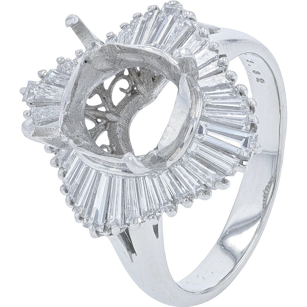 Platinum Diamond Semi-Mount Ring with Tapered Baguette Halo Setting - 1.72 Carat Total Diamond Weight