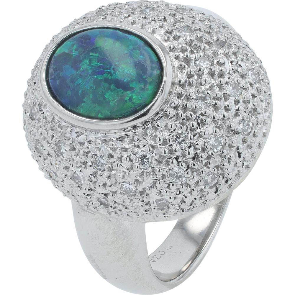 Platinum Dome Ring with 1.25 Carat Black Opal and 0.34 Carat s Pave-Set Diamonds