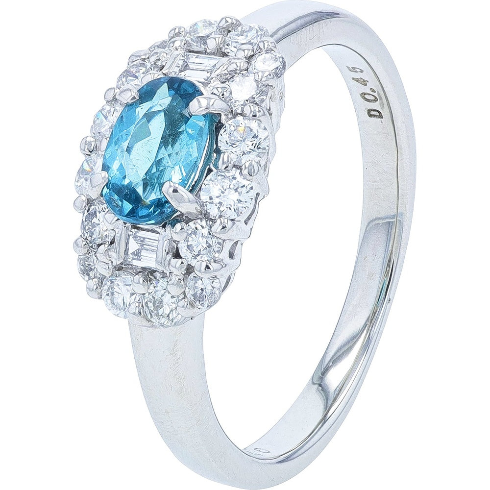 Platinum Double Halo Ring with Oval Blue Tourmaline and Round and Baguette Diamond Accents - 0.46 Carat Tourmaline and 0.45 Carat Total Diamond Weight