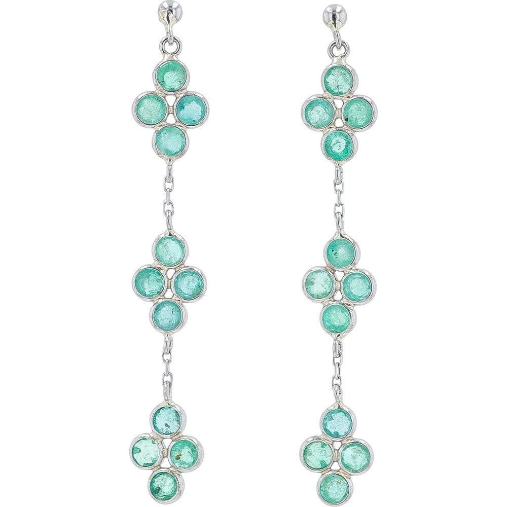 Platinum Drop Earrings with Three-Tiered Bezel-Set Round Emerald Clusters - 3.48 Carat Total Emerald Weight