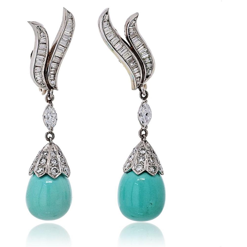 Platinum Earrings with Turquoise Teardrops and Diamond Accents - 5.00 Carats Total Diamond Weight