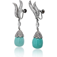 Platinum Earrings with Turquoise Teardrops and Diamond Accents - 5.00 Carats Total Diamond Weight
