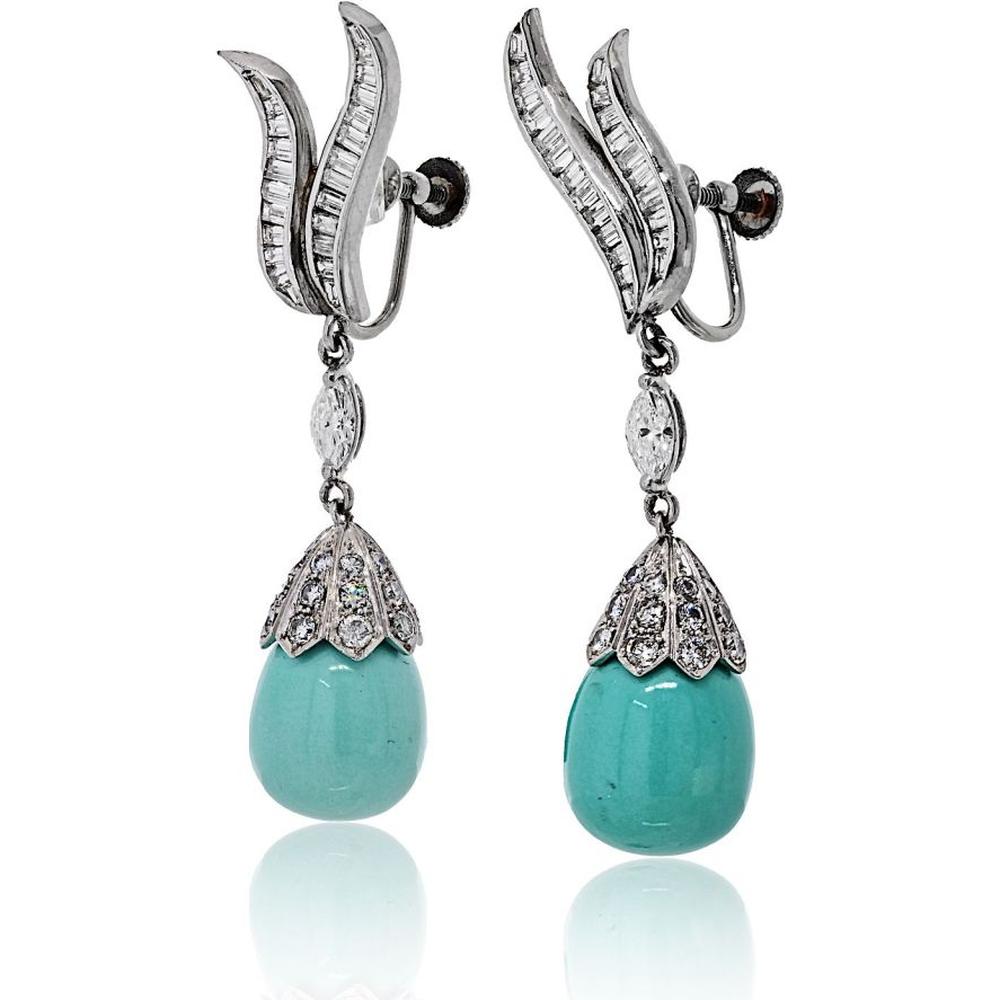 Platinum Earrings with Turquoise Teardrops and Diamond Accents - 5.00 Carats Total Diamond Weight