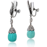 Platinum Earrings with Turquoise Teardrops and Diamond Accents - 5.00 Carats Total Diamond Weight