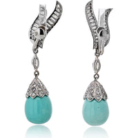 Platinum Earrings with Turquoise Teardrops and Diamond Accents - 5.00 Carats Total Diamond Weight
