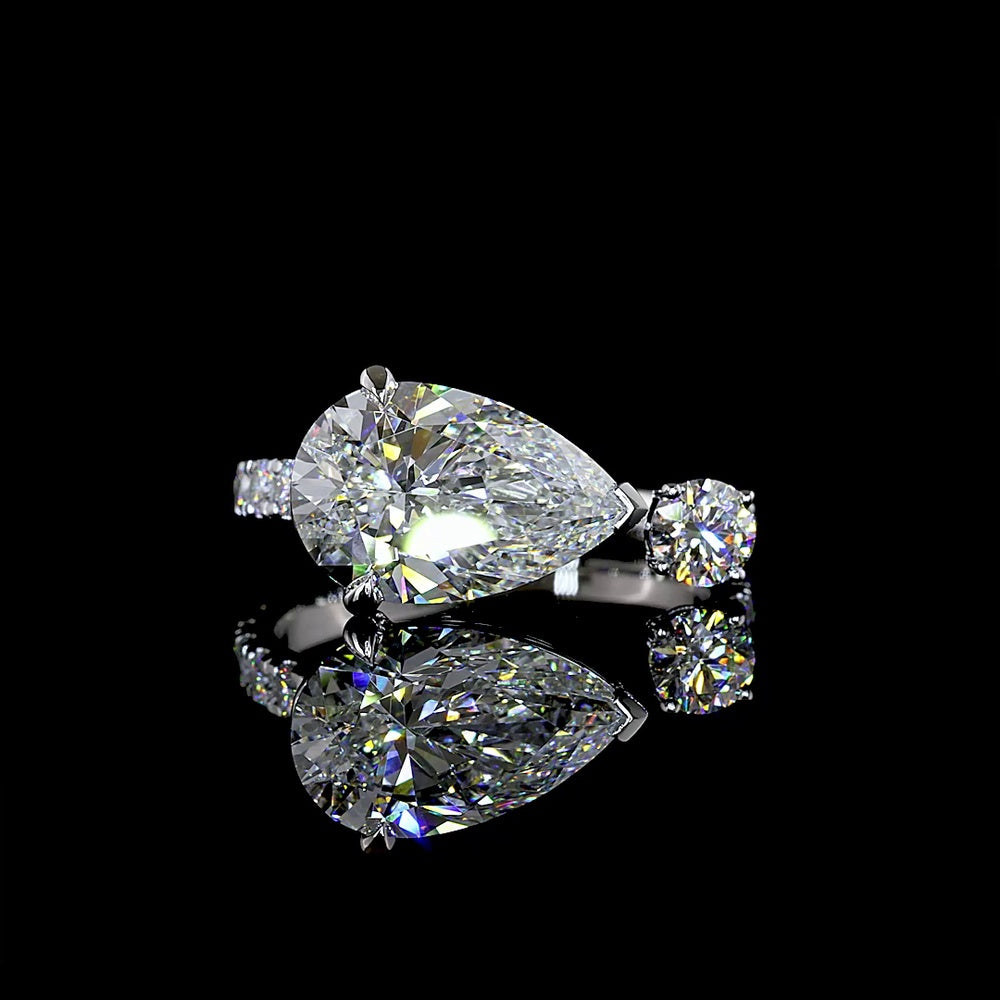 Platinum East-West Pear Shape Lab Diamond Ring - 3.05 Carat Center F VS1 with 0.92 Carat Accent Diamonds - Total 3.97 Carats - Covaloro Fine Jewelry