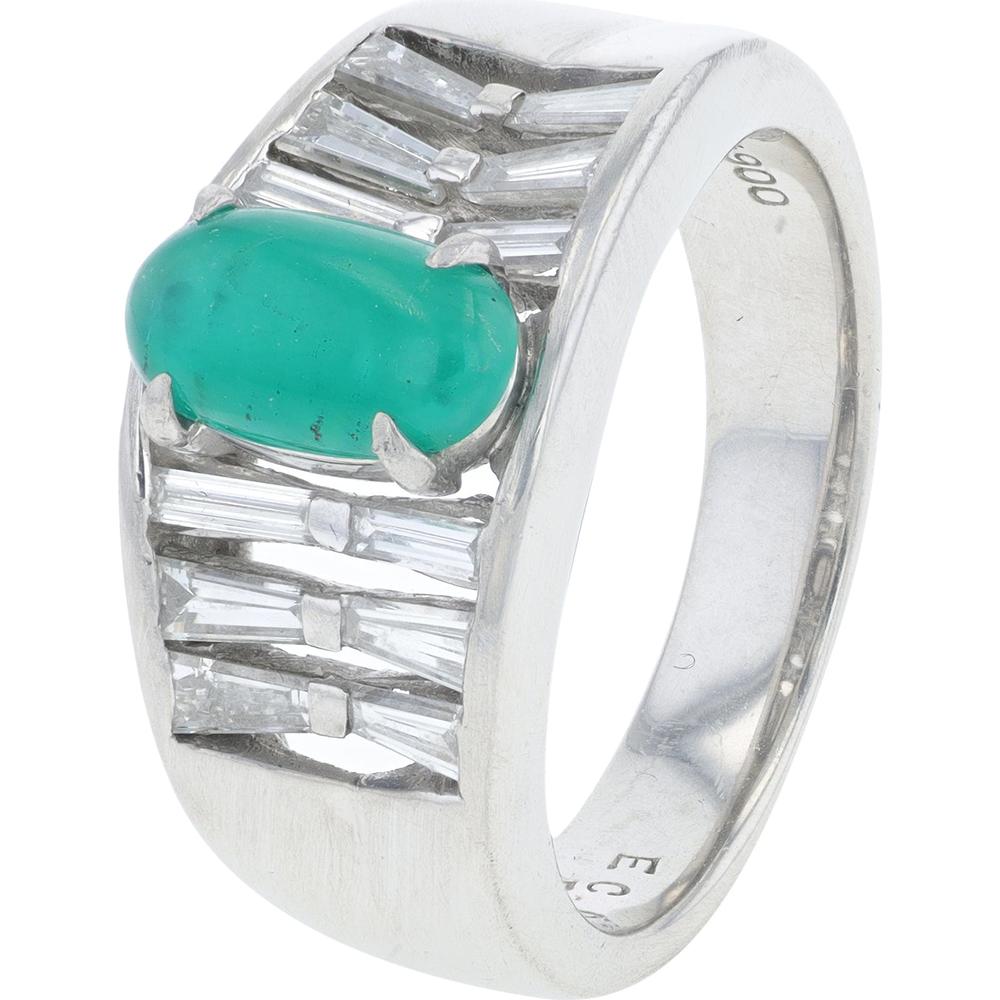 Platinum Emerald and Diamond Band Ring - 0.67 Carat Emerald, 0.52 Carat Diamond Total Weight