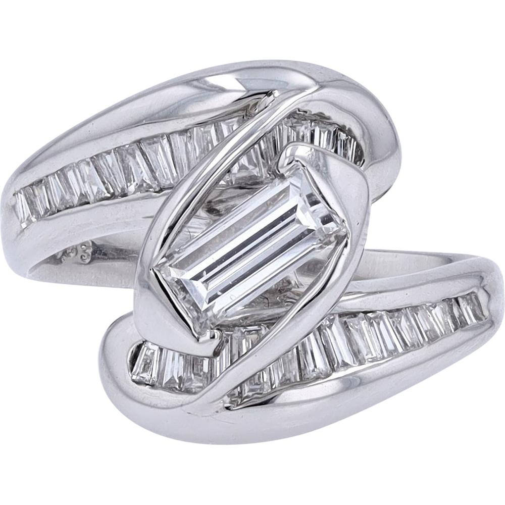 Platinum Emerald Cut Diamond Engagement Ring with 0.53 Carat Center and 1.00 Carat Total Baguette Diamonds
