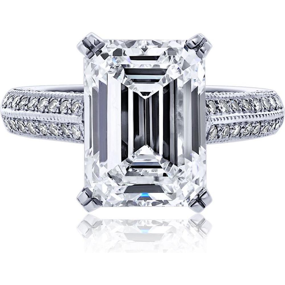 Platinum Emerald Cut Engagement Ring with 5.04 Carat E/VS2 GIA Diamond and 1.00 Carat Pavé Set Round Diamonds