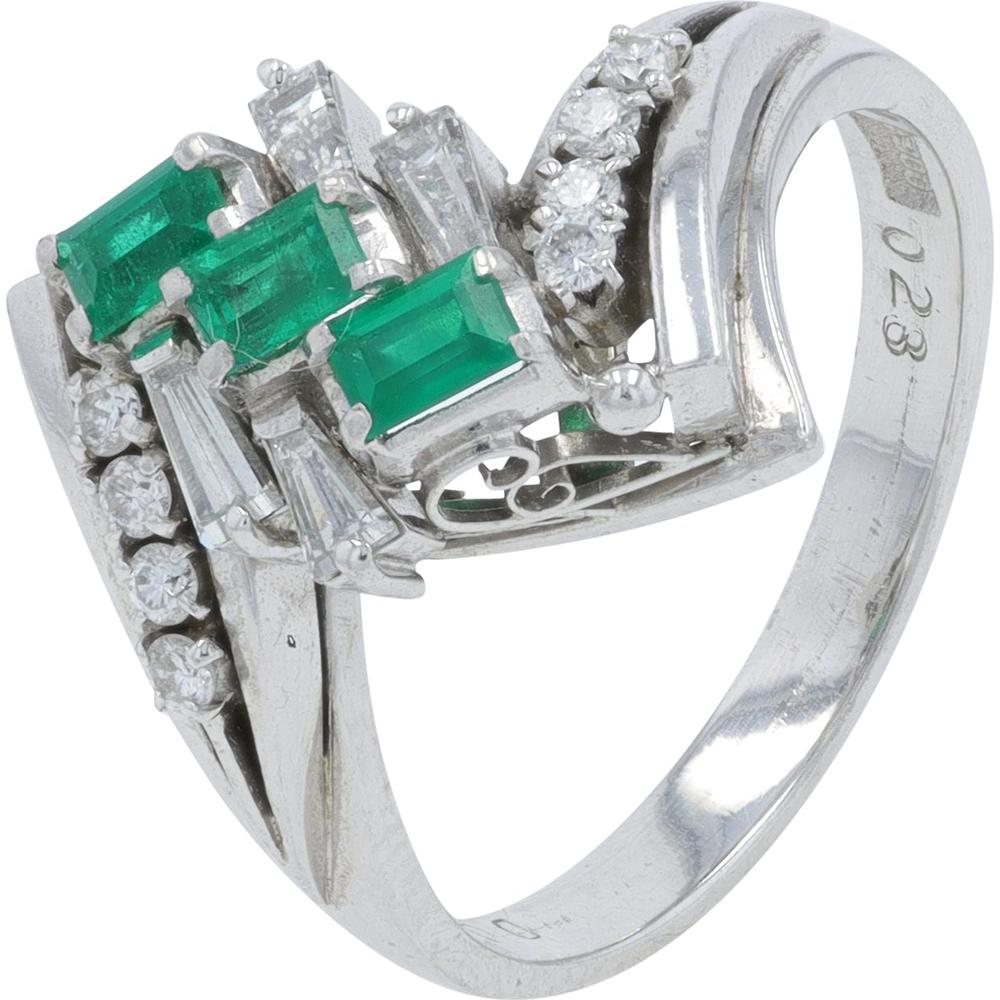 Platinum Emerald Ring with Baguette Diamonds - 0.28 Carat Total Emerald Weight, 0.29 Carat Total Diamond Weight