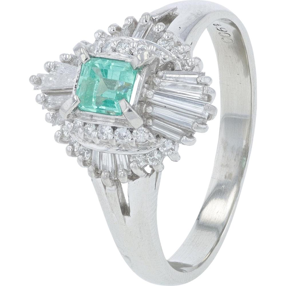 Platinum Emerald Ring with Diamond Halo - 0.28 Carats Emerald, 0.36 Carats Total Diamond Weight