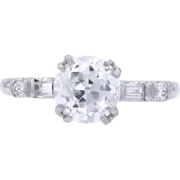 Platinum Engagement Ring with 1.59 Carat Old Mine Cut Diamond and Baguette Accents - 1.77 Carat Total Diamond Weight