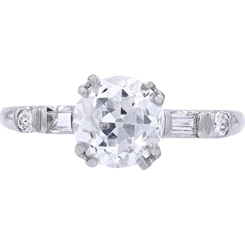 Platinum Engagement Ring with 1.59 Carat Old Mine Cut Diamond and Baguette Accents - 1.77 Carat Total Diamond Weight