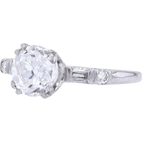 Platinum Engagement Ring with 1.59 Carat Old Mine Cut Diamond and Baguette Accents - 1.77 Carat Total Diamond Weight
