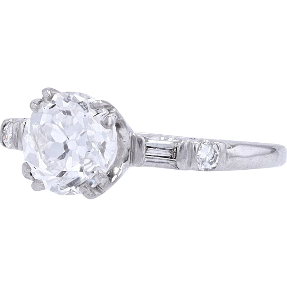 Platinum Engagement Ring with 1.59 Carat Old Mine Cut Diamond and Baguette Accents - 1.77 Carat Total Diamond Weight