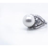 Platinum Estate Ring with 12.5mm White Pearl and 5.00 Carats Diamond Surround - Vintage 1960s Design